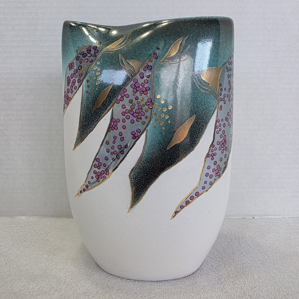 Jordi Serra Porcelain Vase MCM Signed On Base Green Gold‎ Glazed